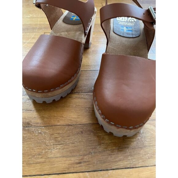 MIA Abba Summer Wooden Clog Sandals Sweden Size 38 Luggage Brown Leather - Picture 9 of 15